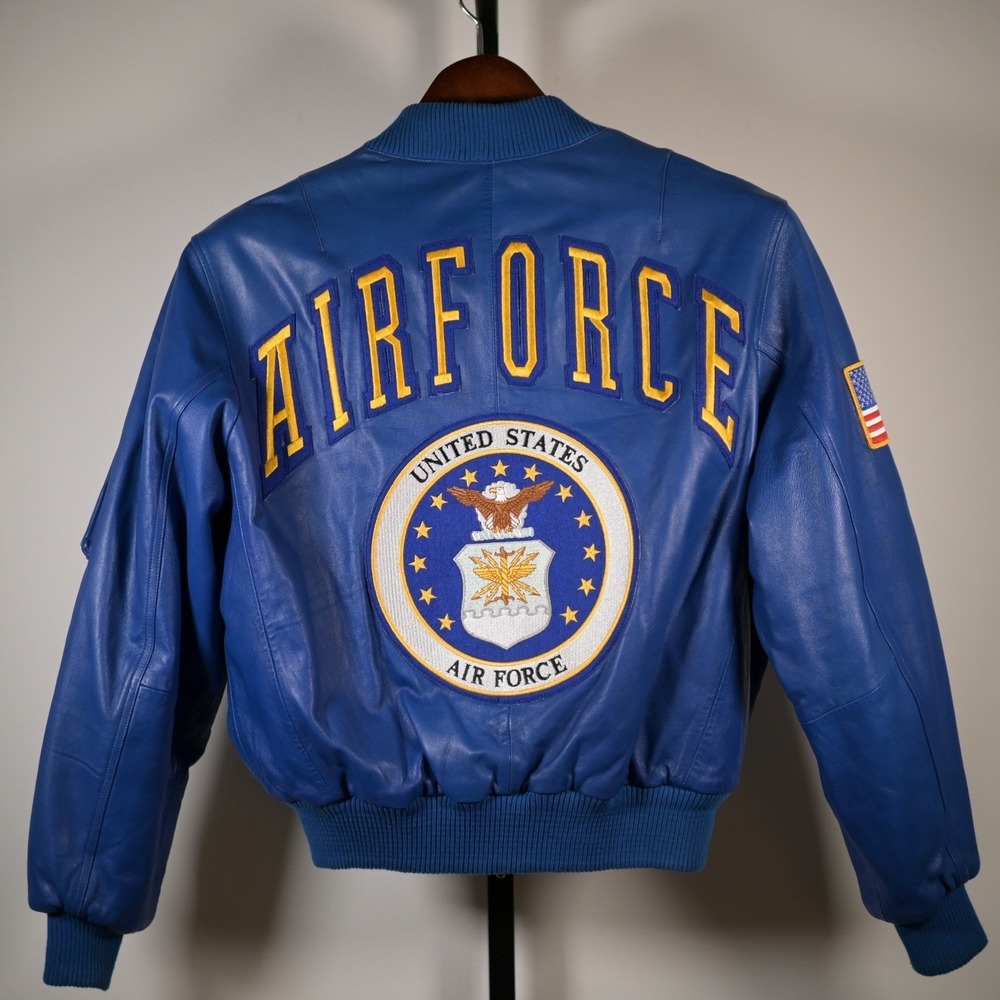 VTG US Air Force Mens XL Blue Leather Bomber Flight Jacket USAF Military Patch